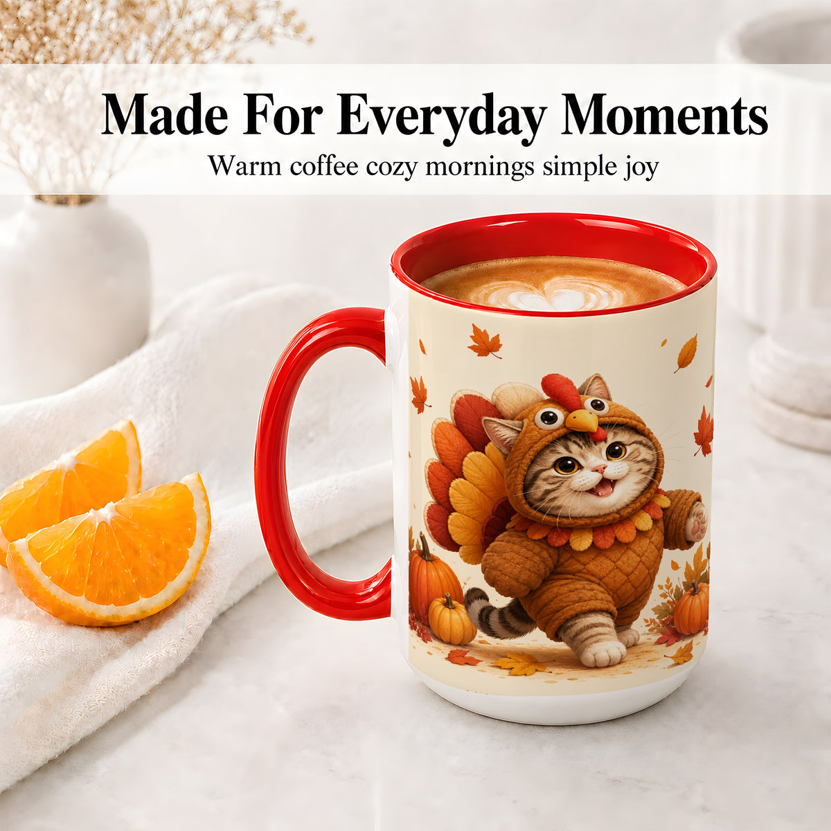 #pl[15oz|Red] Thanksgiving Cat Accent Mug, Mug with Turkey Costume Artwork
