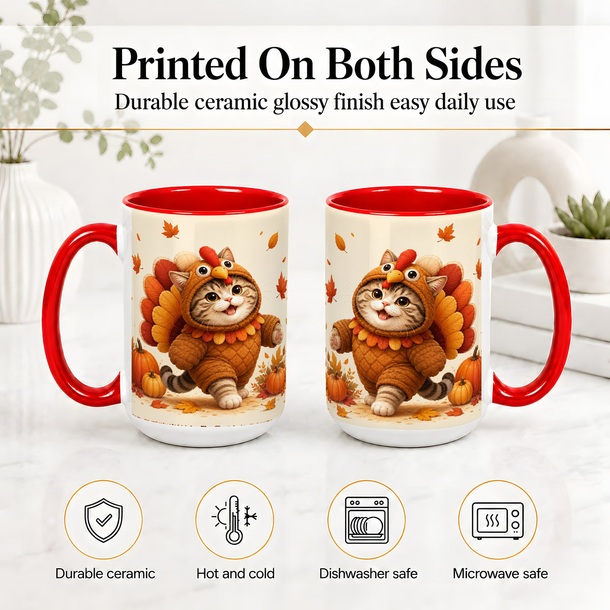 #pl[15oz|Red] Thanksgiving Cat Accent Mug, Mug with Turkey Costume Artwork