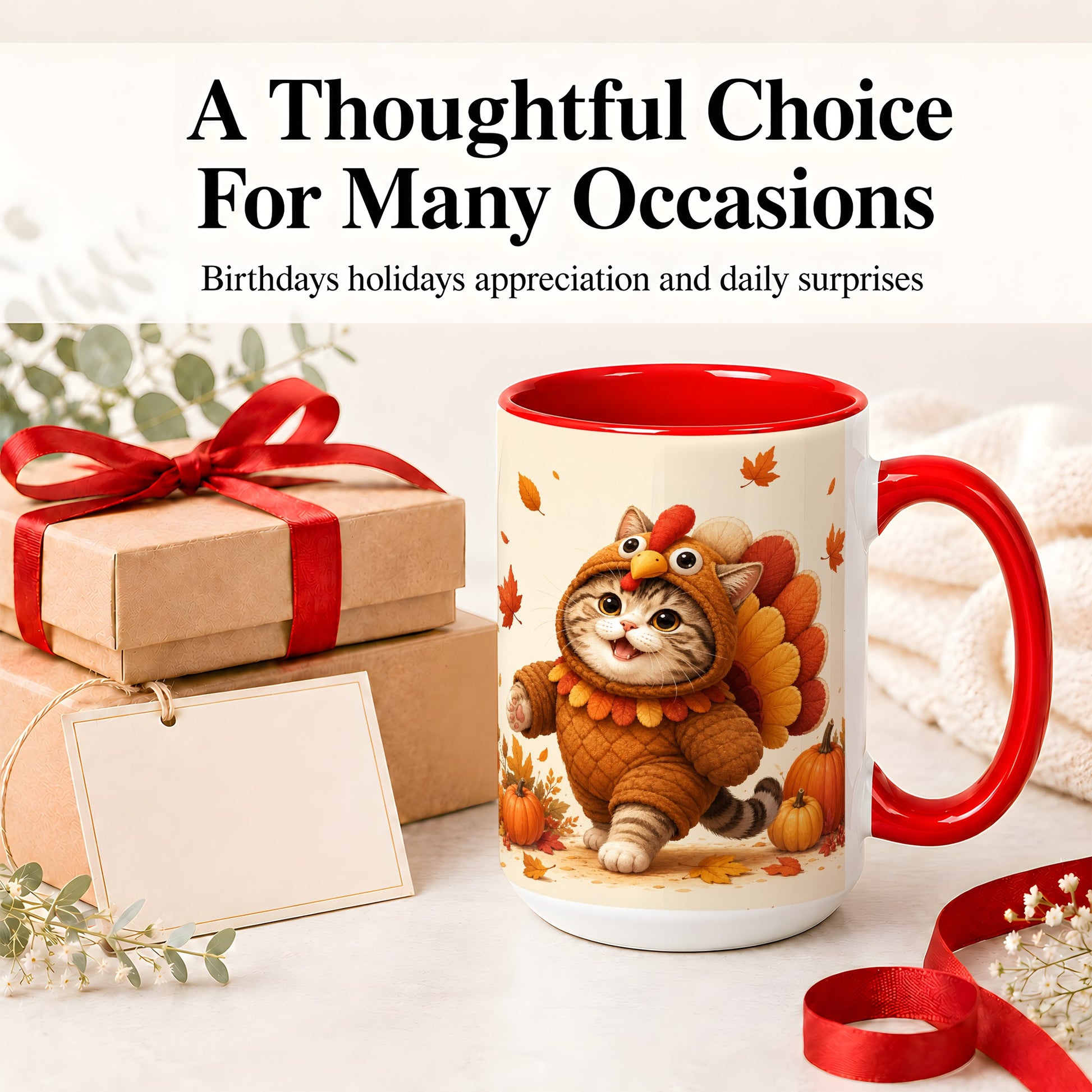 #pl[15oz|Red] Thanksgiving Cat Accent Mug, Mug with Turkey Costume Artwork