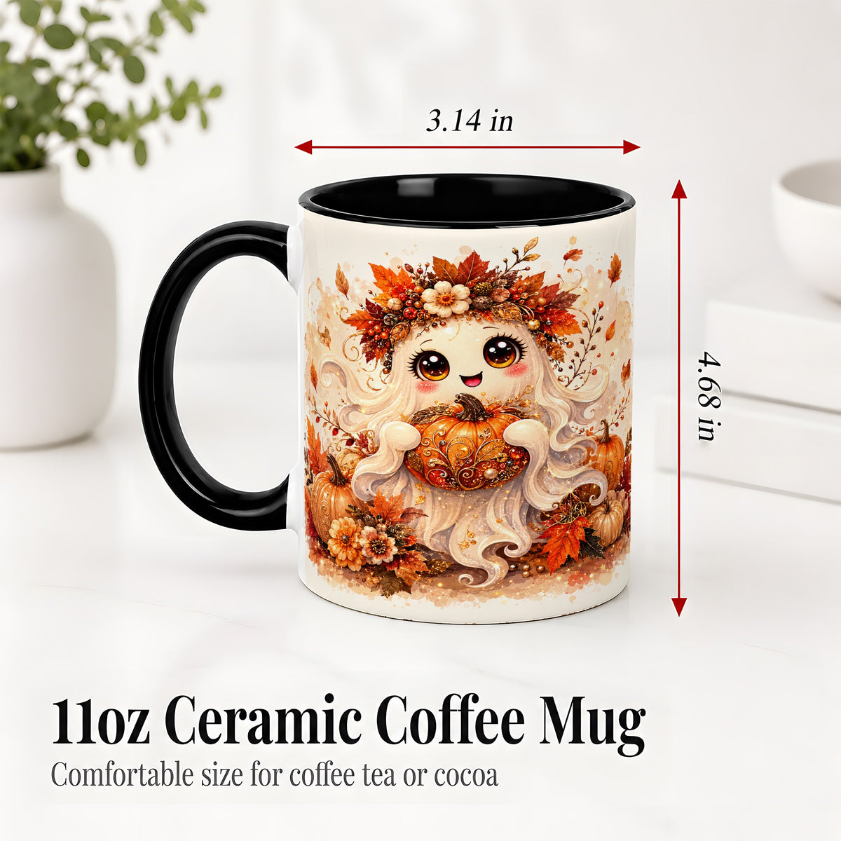 #pl[11oz|Black] Cute Autumn Ghost Accent Mug, Mug with Ornate Pumpkin Artwork
