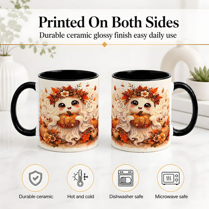 #pl[11oz|Black] Cute Autumn Ghost Accent Mug, Mug with Ornate Pumpkin Artwork