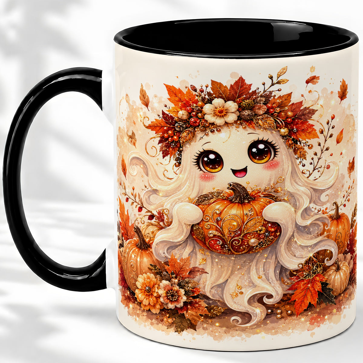 #pl[11oz|Black] Cute Autumn Ghost Accent Mug, Mug with Ornate Pumpkin Artwork