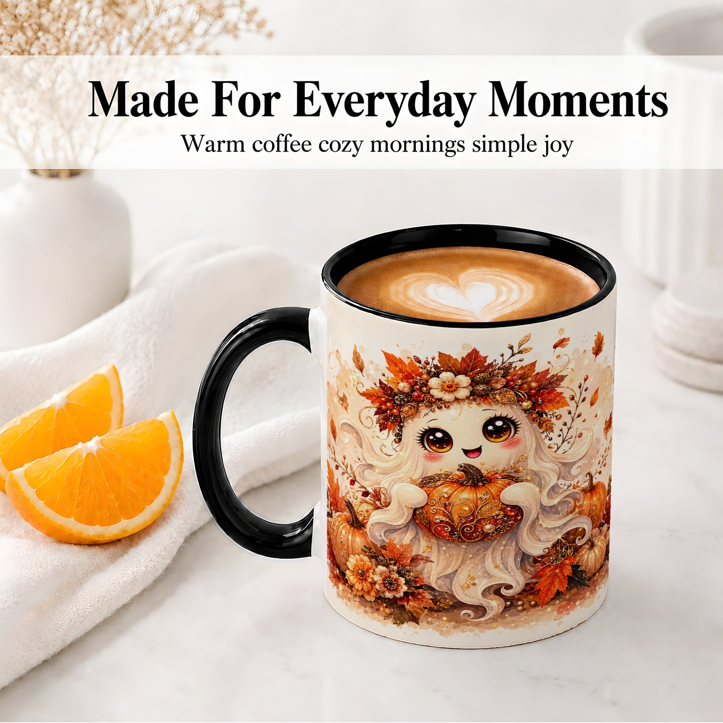 #pl[11oz|Black] Cute Autumn Ghost Accent Mug, Mug with Ornate Pumpkin Artwork