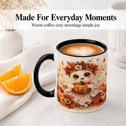 #pl[11oz|Black] Cute Autumn Ghost Accent Mug, Mug with Ornate Pumpkin Artwork