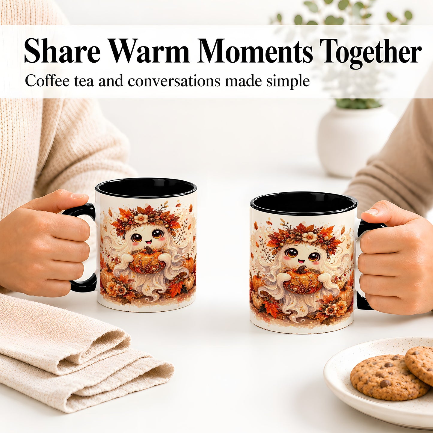 #pl[11oz|Black] Cute Autumn Ghost Accent Mug, Mug with Ornate Pumpkin Artwork