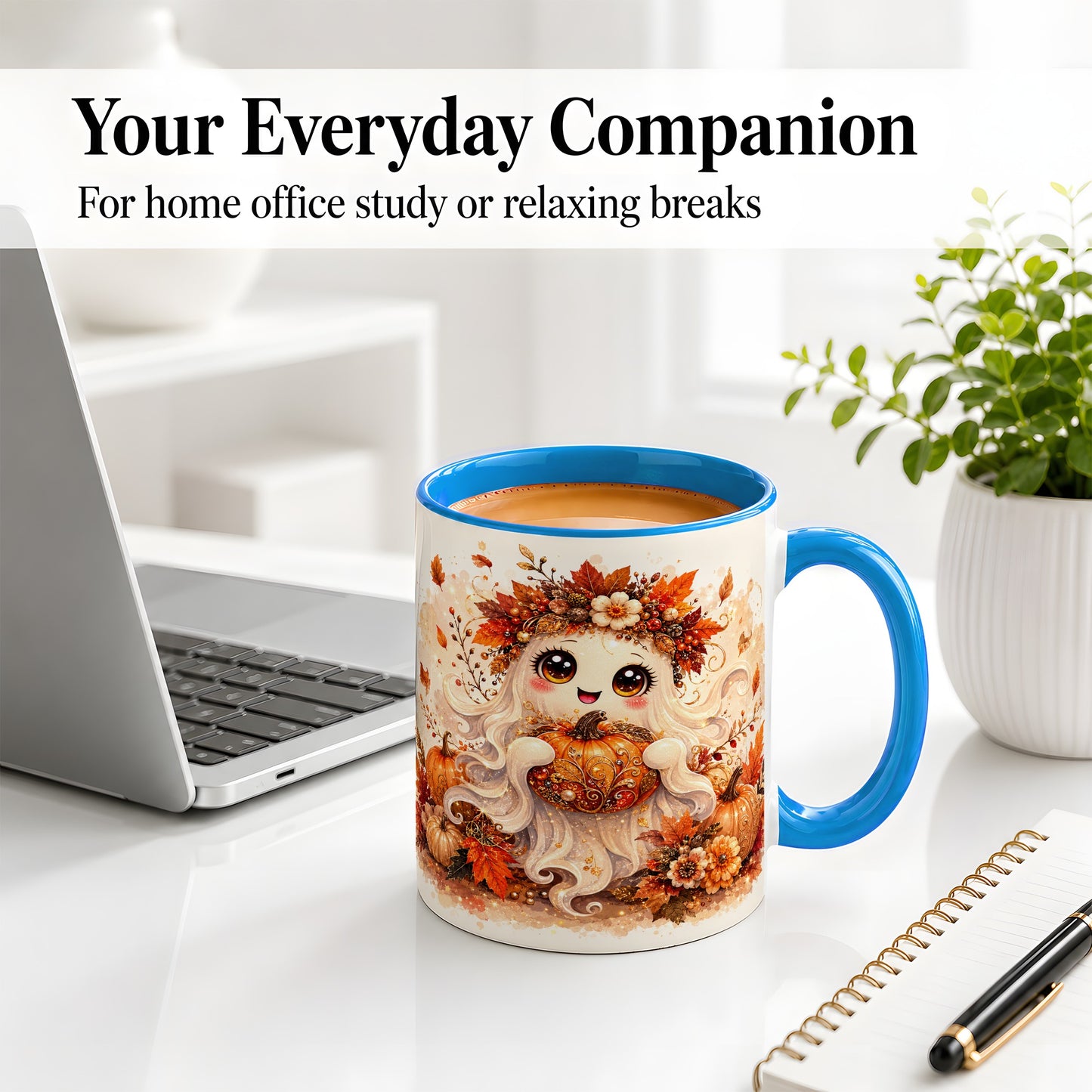 #pl[11oz|Blue] Cute Autumn Ghost Accent Mug, Mug with Ornate Pumpkin Artwork