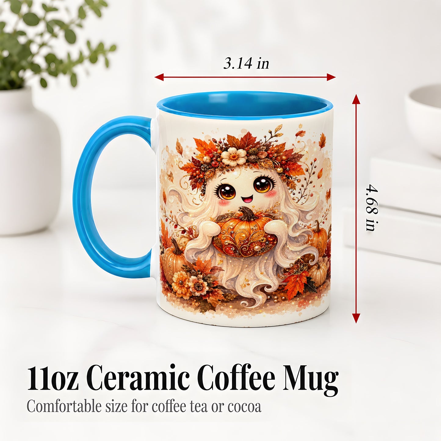 #pl[11oz|Blue] Cute Autumn Ghost Accent Mug, Mug with Ornate Pumpkin Artwork