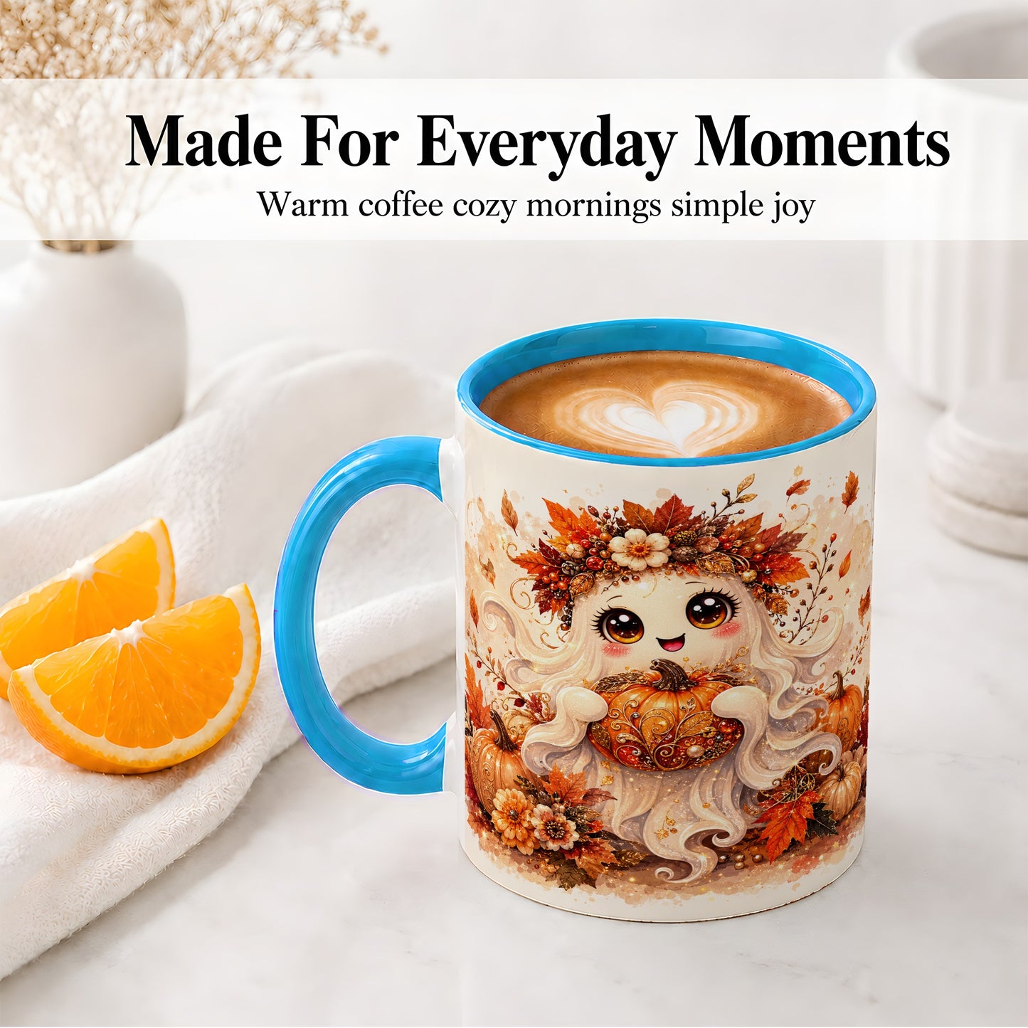 #pl[11oz|Blue] Cute Autumn Ghost Accent Mug, Mug with Ornate Pumpkin Artwork