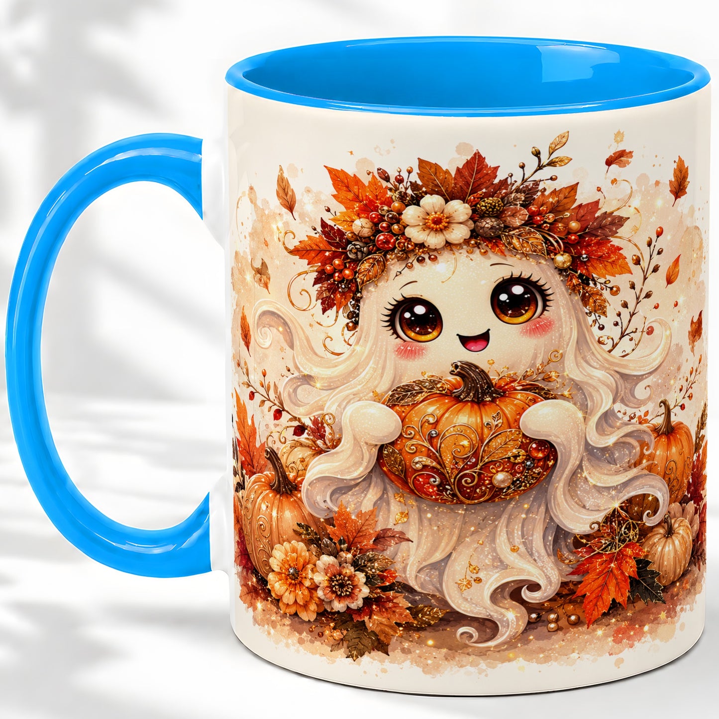 #pl[11oz|Blue] Cute Autumn Ghost Accent Mug, Mug with Ornate Pumpkin Artwork