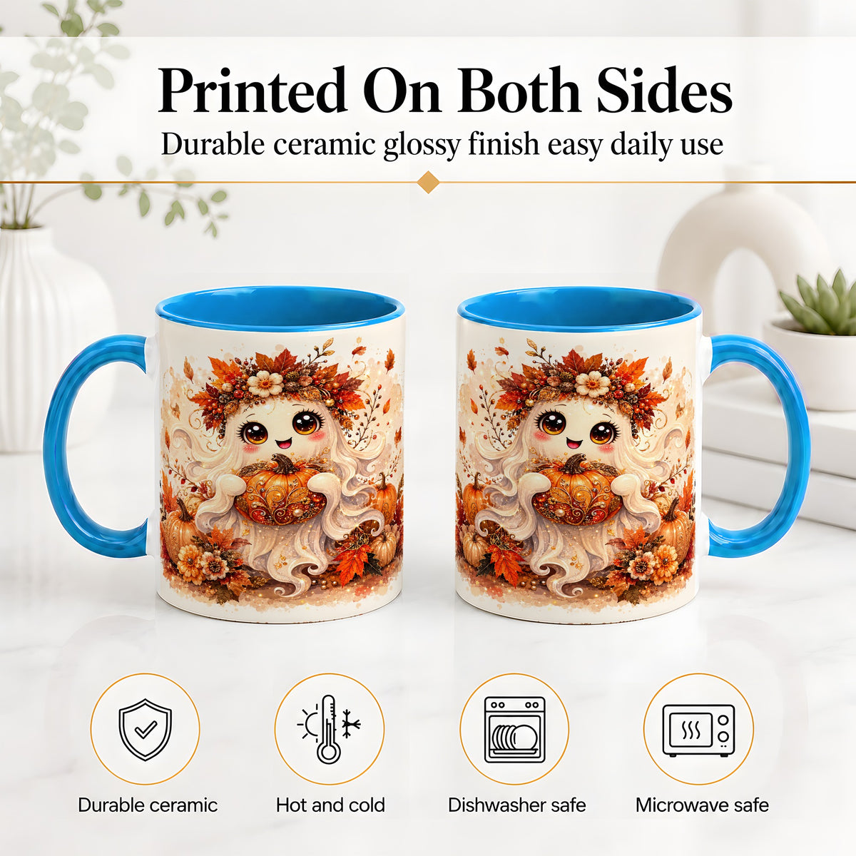 #pl[11oz|Blue] Cute Autumn Ghost Accent Mug, Mug with Ornate Pumpkin Artwork