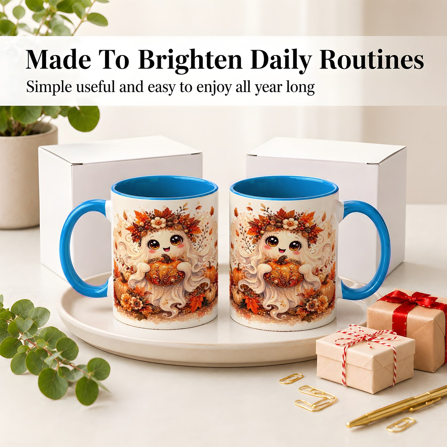 #pl[11oz|Blue] Cute Autumn Ghost Accent Mug, Mug with Ornate Pumpkin Artwork