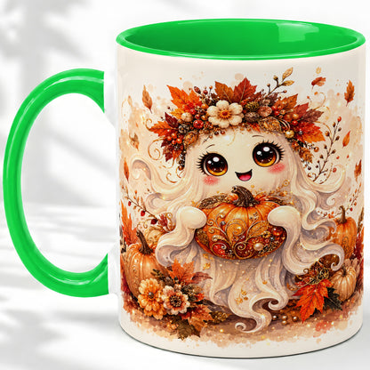 #pl[11oz|Green] Cute Autumn Ghost Accent Mug, Mug with Ornate Pumpkin Artwork