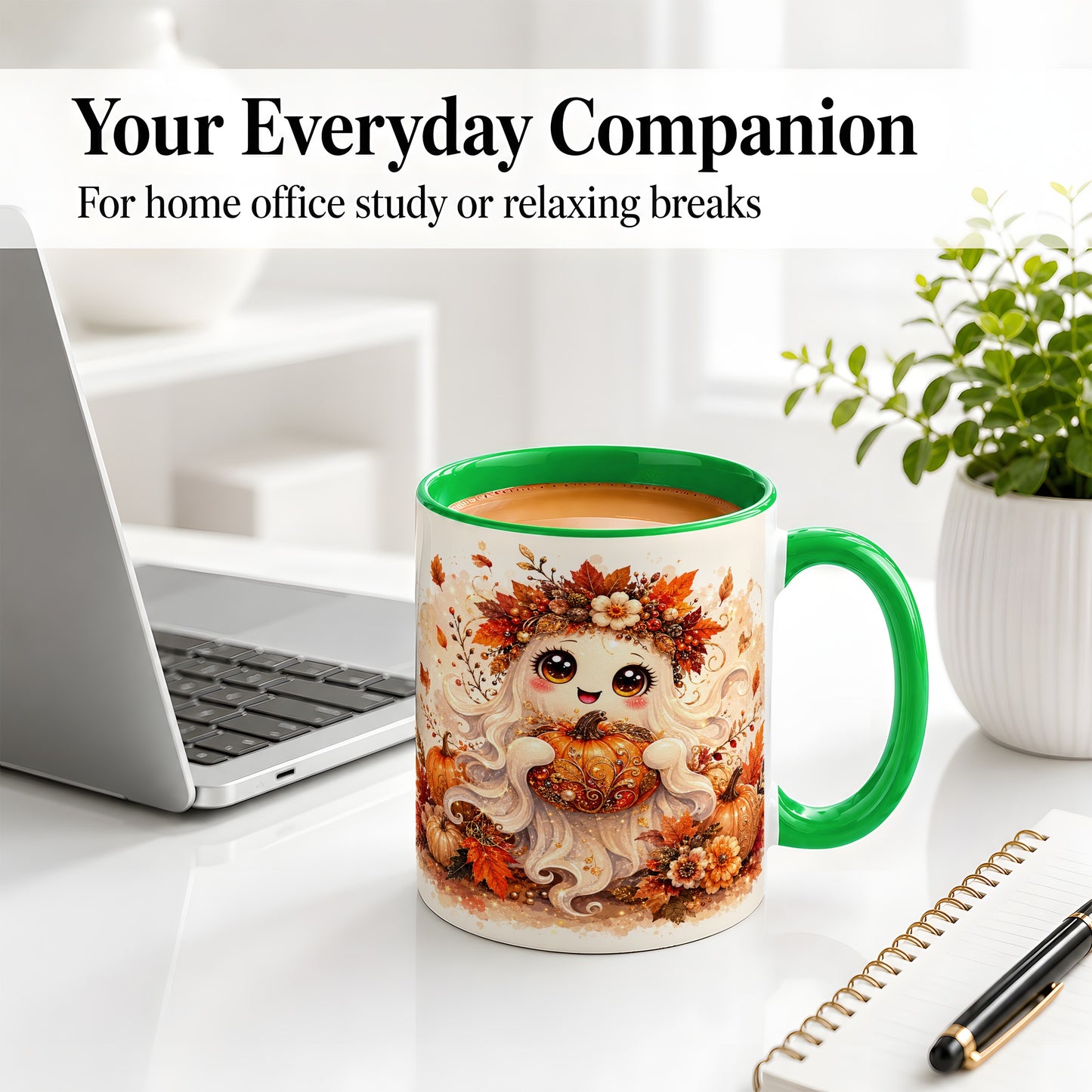 #pl[11oz|Green] Cute Autumn Ghost Accent Mug, Mug with Ornate Pumpkin Artwork