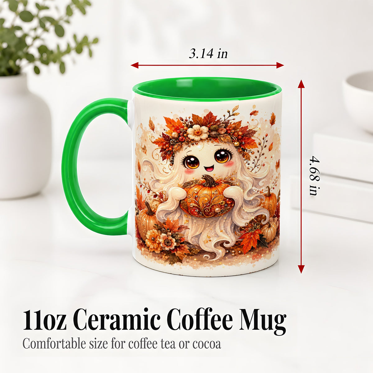 #pl[11oz|Green] Cute Autumn Ghost Accent Mug, Mug with Ornate Pumpkin Artwork