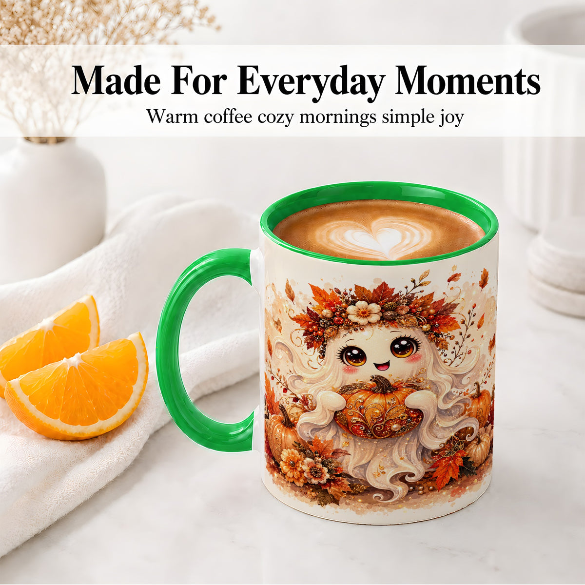 #pl[11oz|Green] Cute Autumn Ghost Accent Mug, Mug with Ornate Pumpkin Artwork