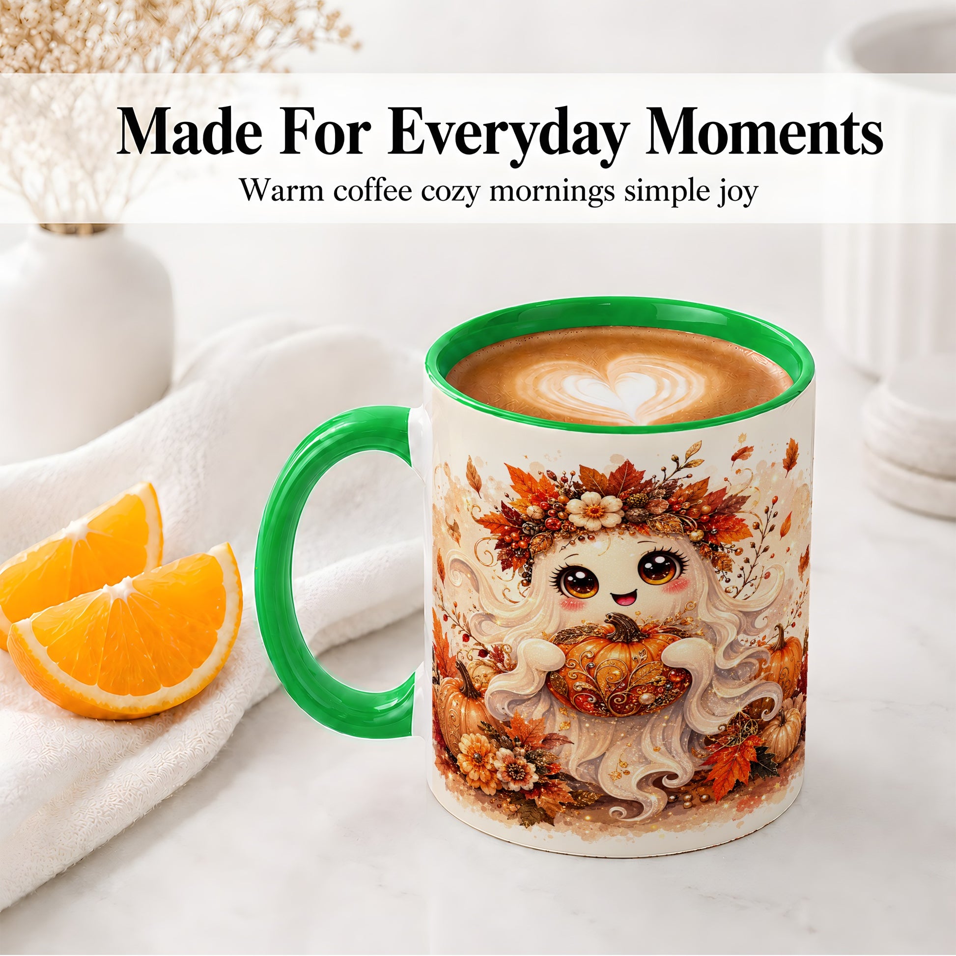 #pl[11oz|Green] Cute Autumn Ghost Accent Mug, Mug with Ornate Pumpkin Artwork
