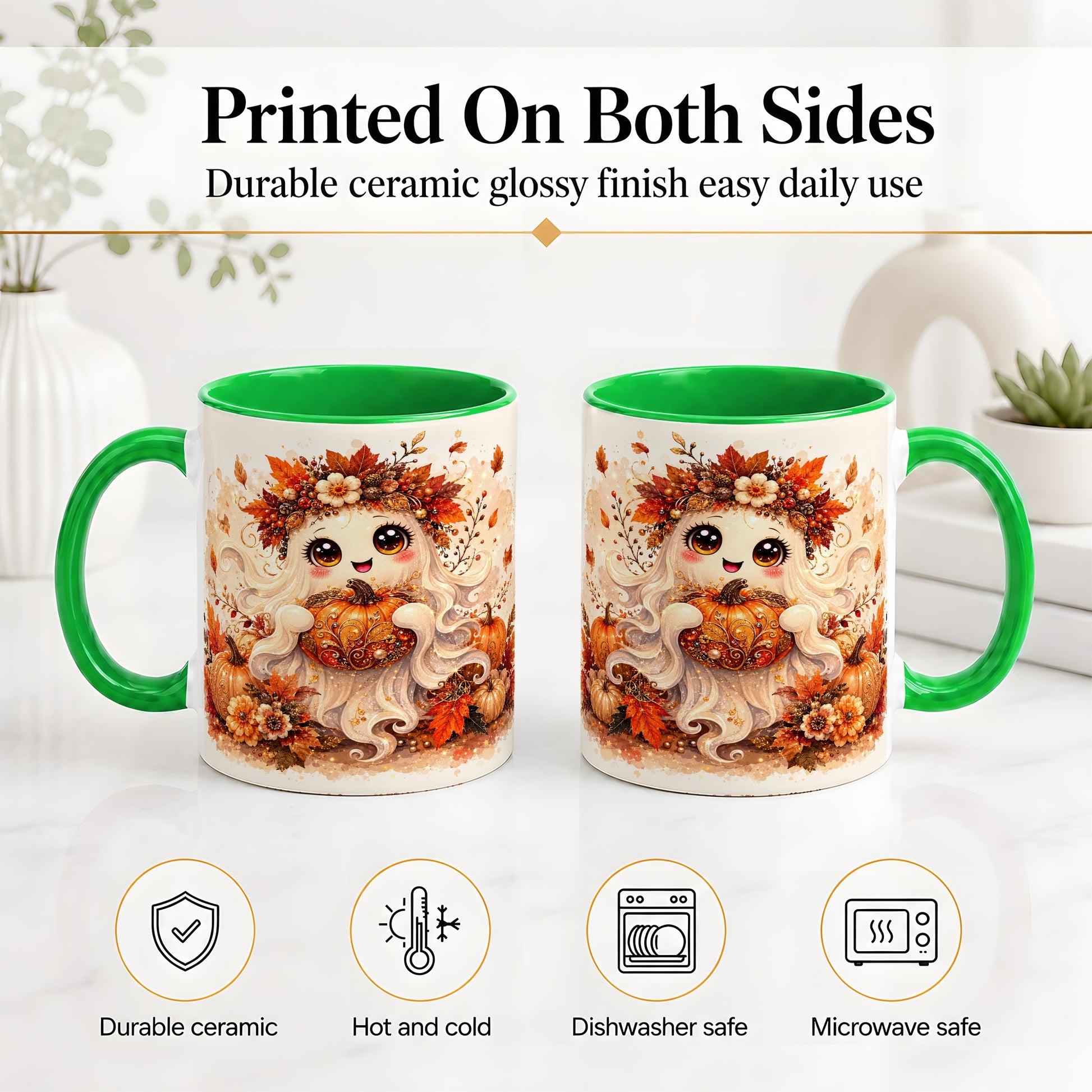 #pl[11oz|Green] Cute Autumn Ghost Accent Mug, Mug with Ornate Pumpkin Artwork