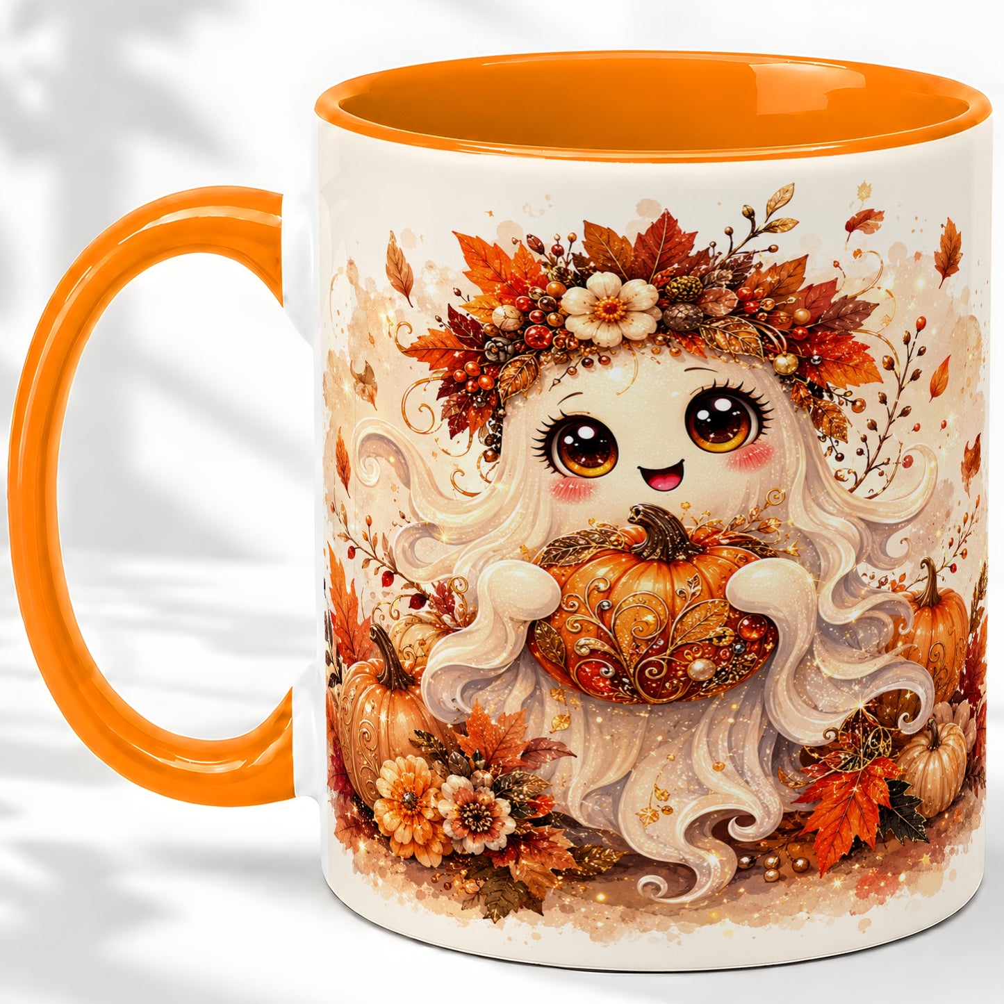 #pl[11oz|Orange] Cute Autumn Ghost Accent Mug, Mug with Ornate Pumpkin Artwork