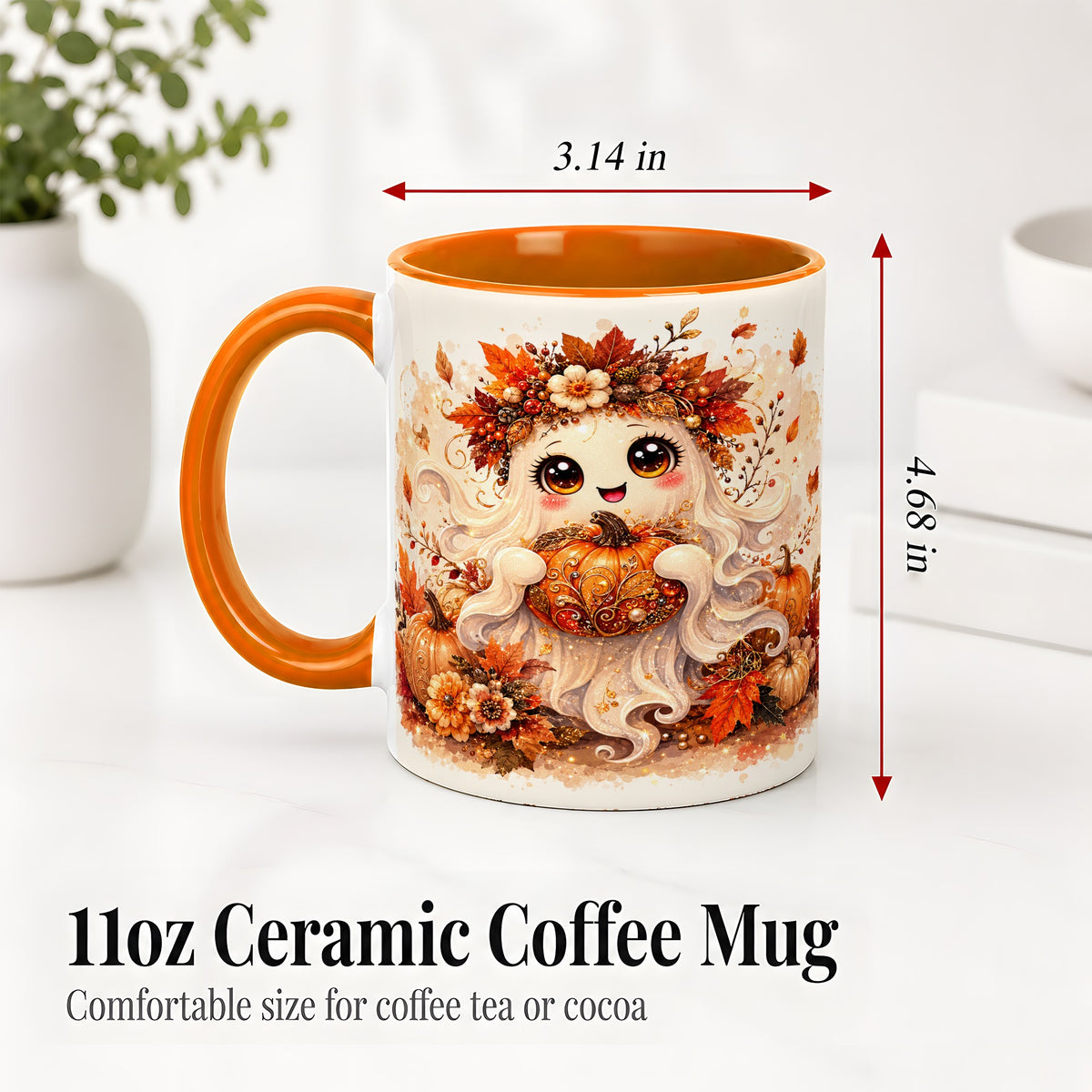 #pl[11oz|Orange] Cute Autumn Ghost Accent Mug, Mug with Ornate Pumpkin Artwork