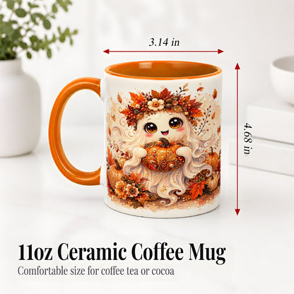 #pl[11oz|Orange] Cute Autumn Ghost Accent Mug, Mug with Ornate Pumpkin Artwork