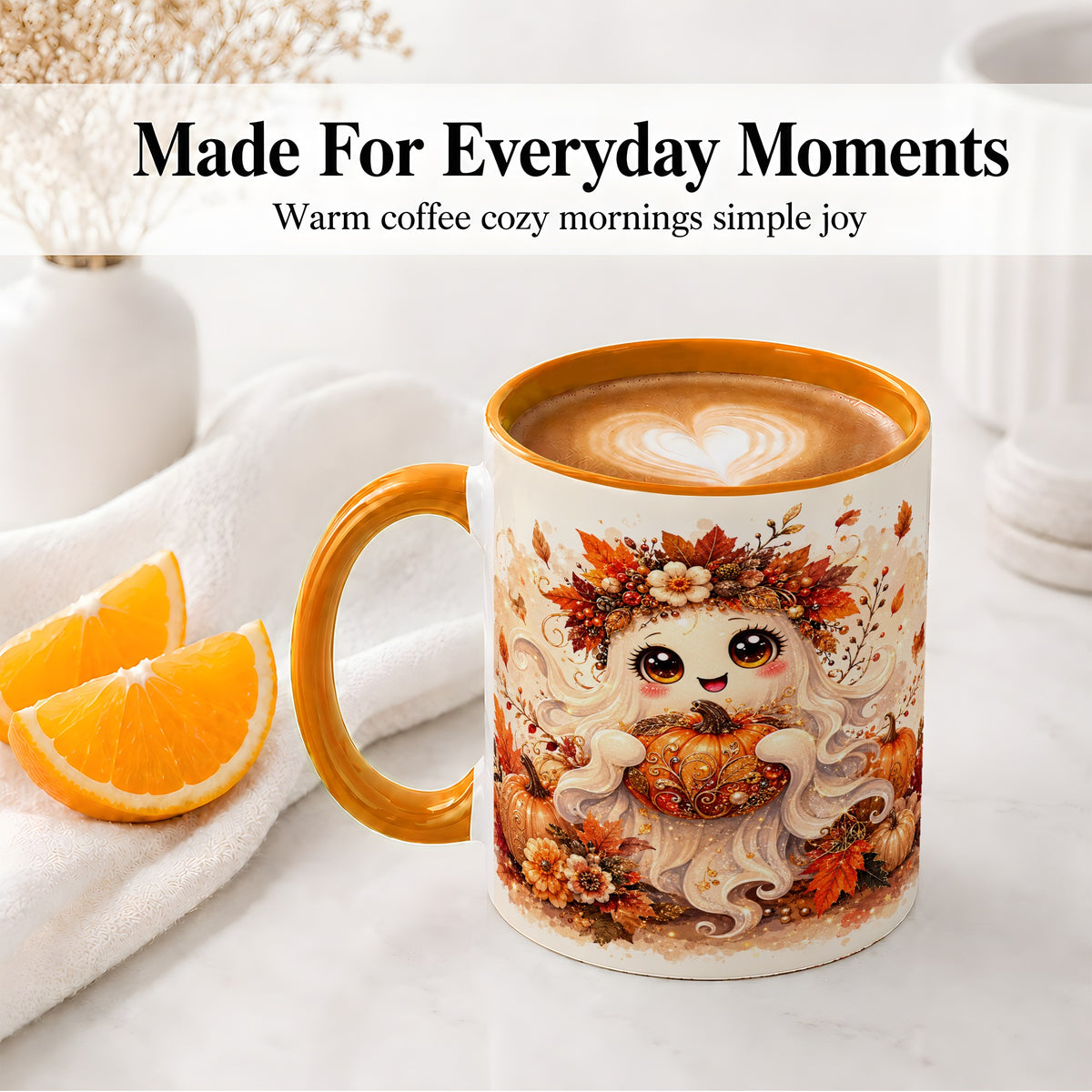 #pl[11oz|Orange] Cute Autumn Ghost Accent Mug, Mug with Ornate Pumpkin Artwork