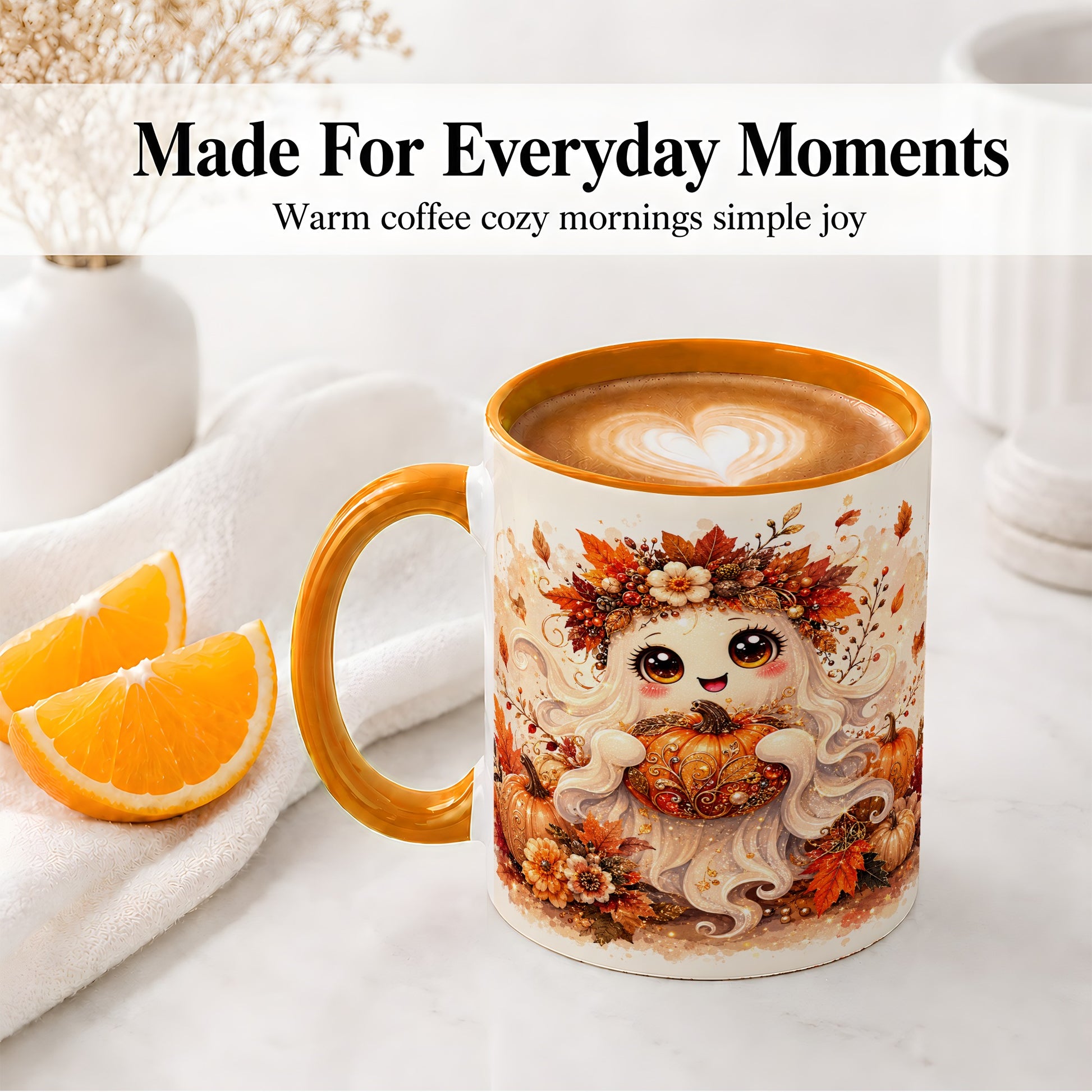#pl[11oz|Orange] Cute Autumn Ghost Accent Mug, Mug with Ornate Pumpkin Artwork