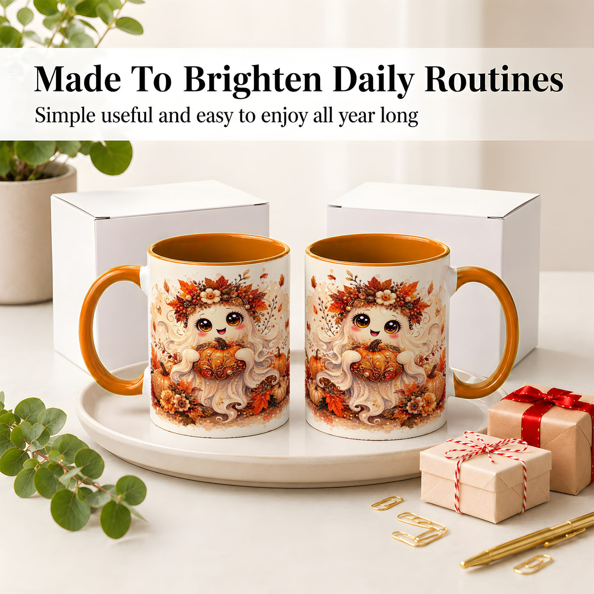 #pl[11oz|Orange] Cute Autumn Ghost Accent Mug, Mug with Ornate Pumpkin Artwork