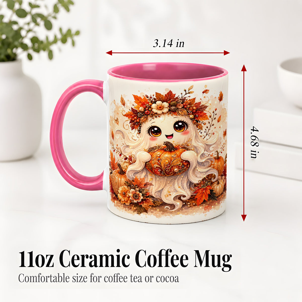 #pl[11oz|Pink] Cute Autumn Ghost Accent Mug, Mug with Ornate Pumpkin Artwork