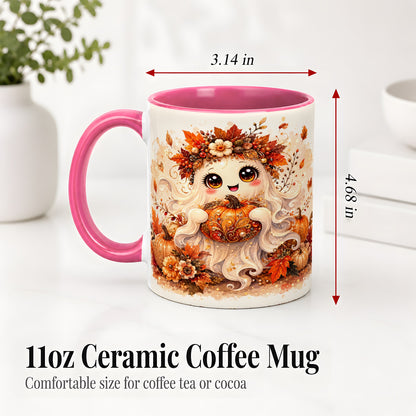 #pl[11oz|Pink] Cute Autumn Ghost Accent Mug, Mug with Ornate Pumpkin Artwork