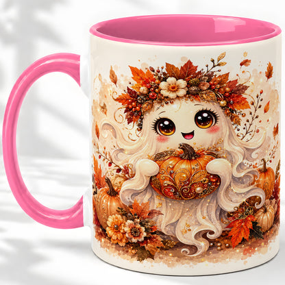 #pl[11oz|Pink] Cute Autumn Ghost Accent Mug, Mug with Ornate Pumpkin Artwork