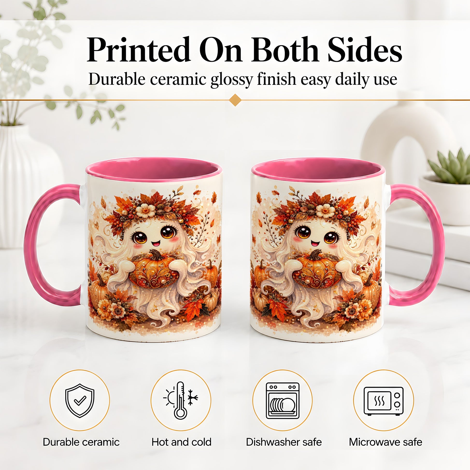 #pl[11oz|Pink] Cute Autumn Ghost Accent Mug, Mug with Ornate Pumpkin Artwork