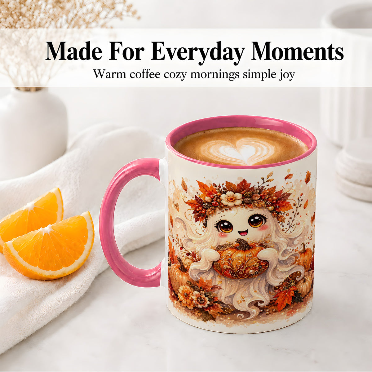 #pl[11oz|Pink] Cute Autumn Ghost Accent Mug, Mug with Ornate Pumpkin Artwork