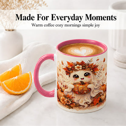 #pl[11oz|Pink] Cute Autumn Ghost Accent Mug, Mug with Ornate Pumpkin Artwork