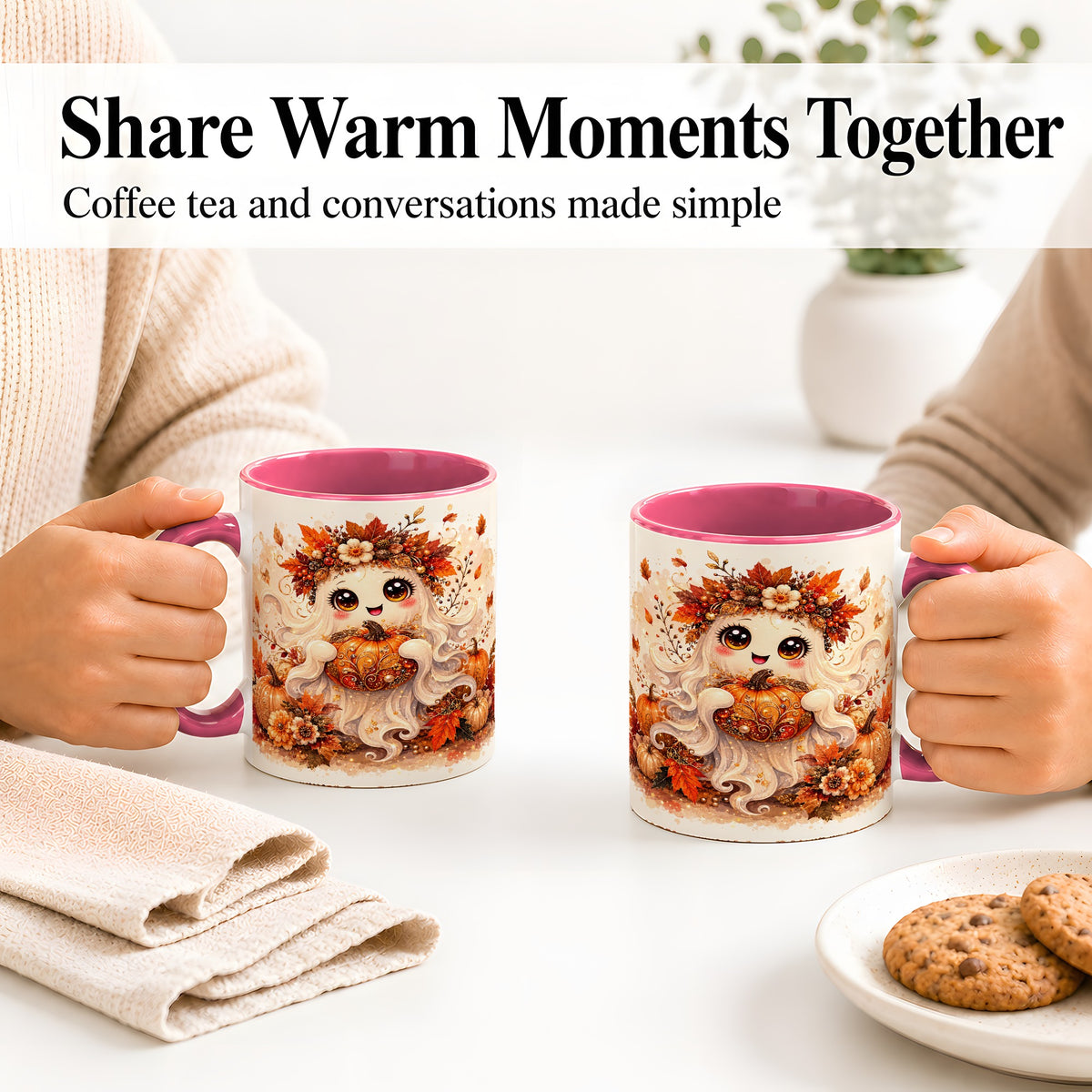 #pl[11oz|Pink] Cute Autumn Ghost Accent Mug, Mug with Ornate Pumpkin Artwork