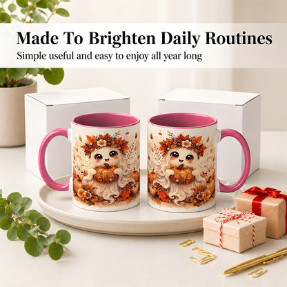 #pl[11oz|Pink] Cute Autumn Ghost Accent Mug, Mug with Ornate Pumpkin Artwork