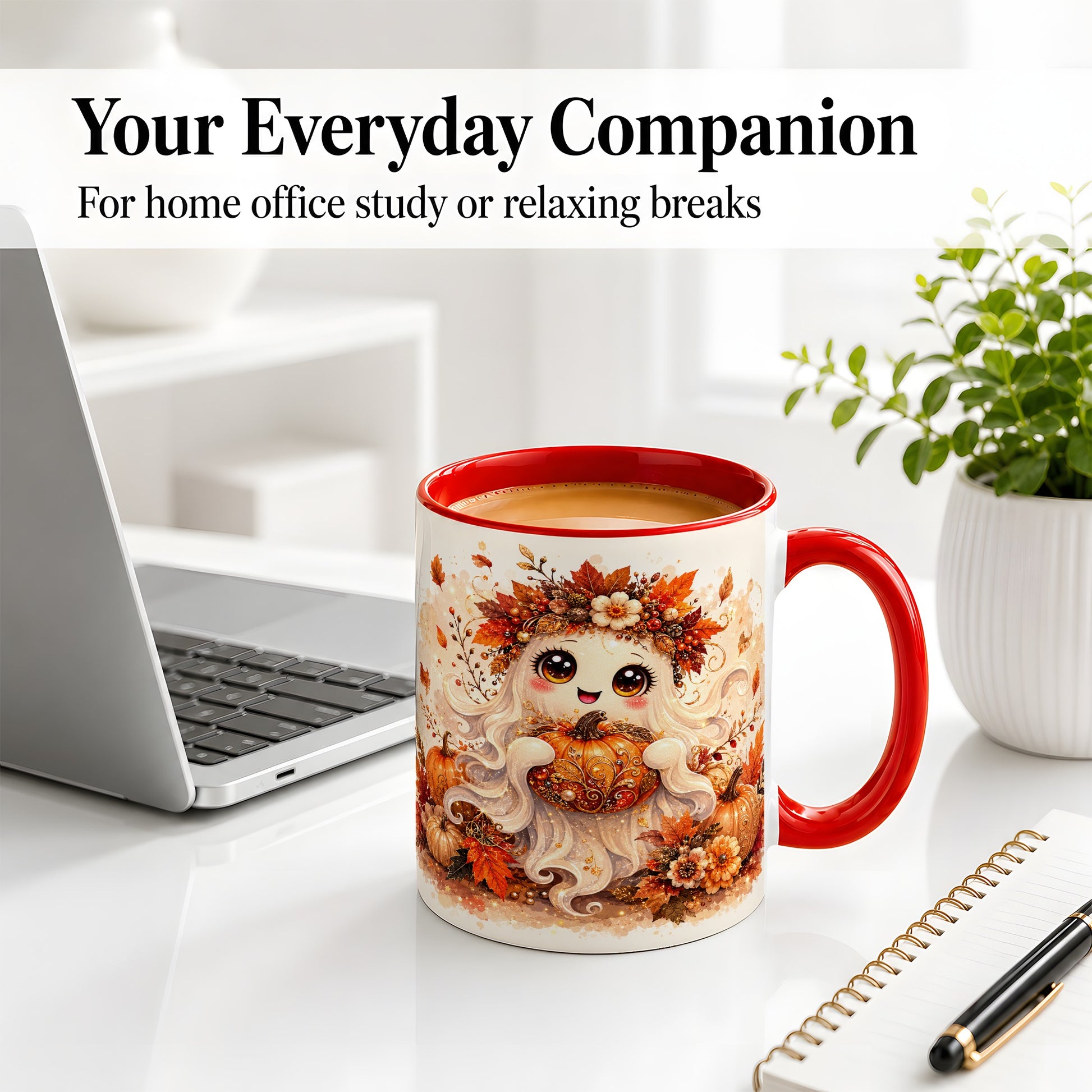 #pl[11oz|Red] Cute Autumn Ghost Accent Mug, Mug with Ornate Pumpkin Artwork