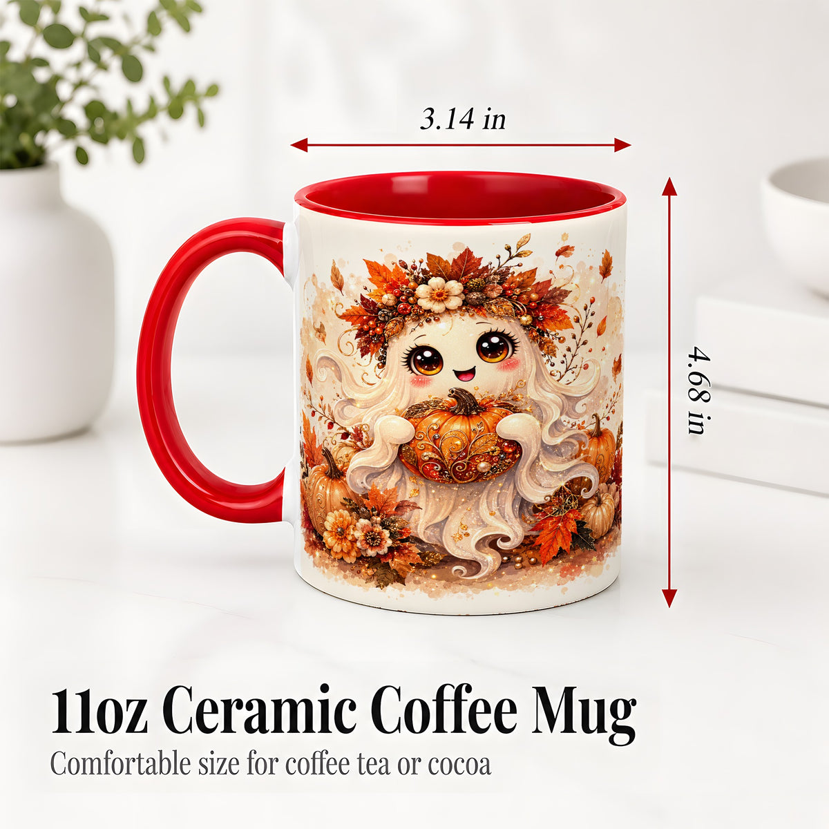 #pl[11oz|Red] Cute Autumn Ghost Accent Mug, Mug with Ornate Pumpkin Artwork