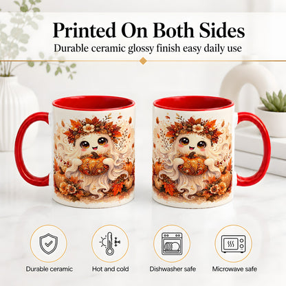 #pl[11oz|Red] Cute Autumn Ghost Accent Mug, Mug with Ornate Pumpkin Artwork