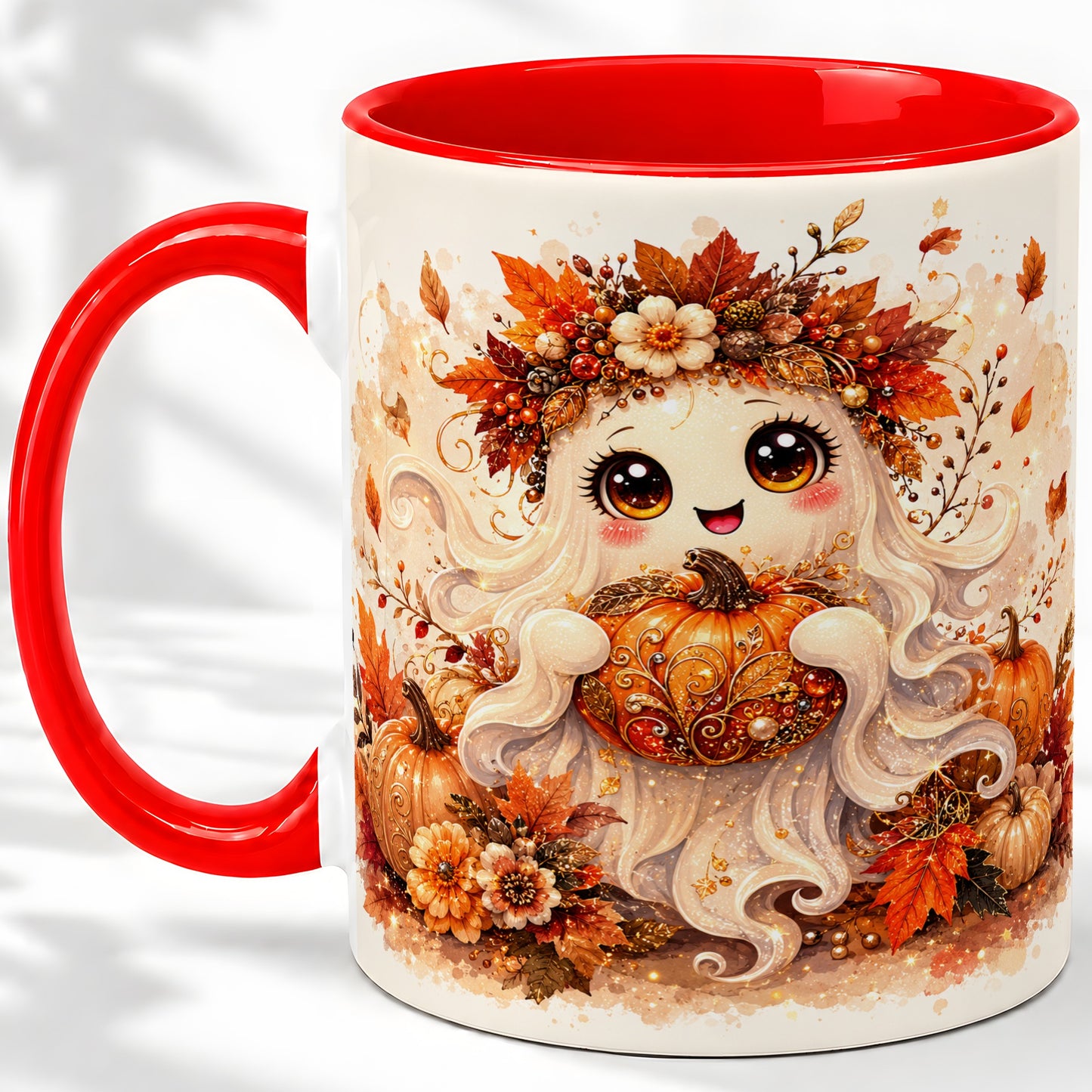 Cute Autumn Ghost Accent Mug, Mug with Ornate Pumpkin Artwork