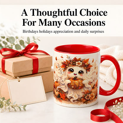 #pl[11oz|Red] Cute Autumn Ghost Accent Mug, Mug with Ornate Pumpkin Artwork