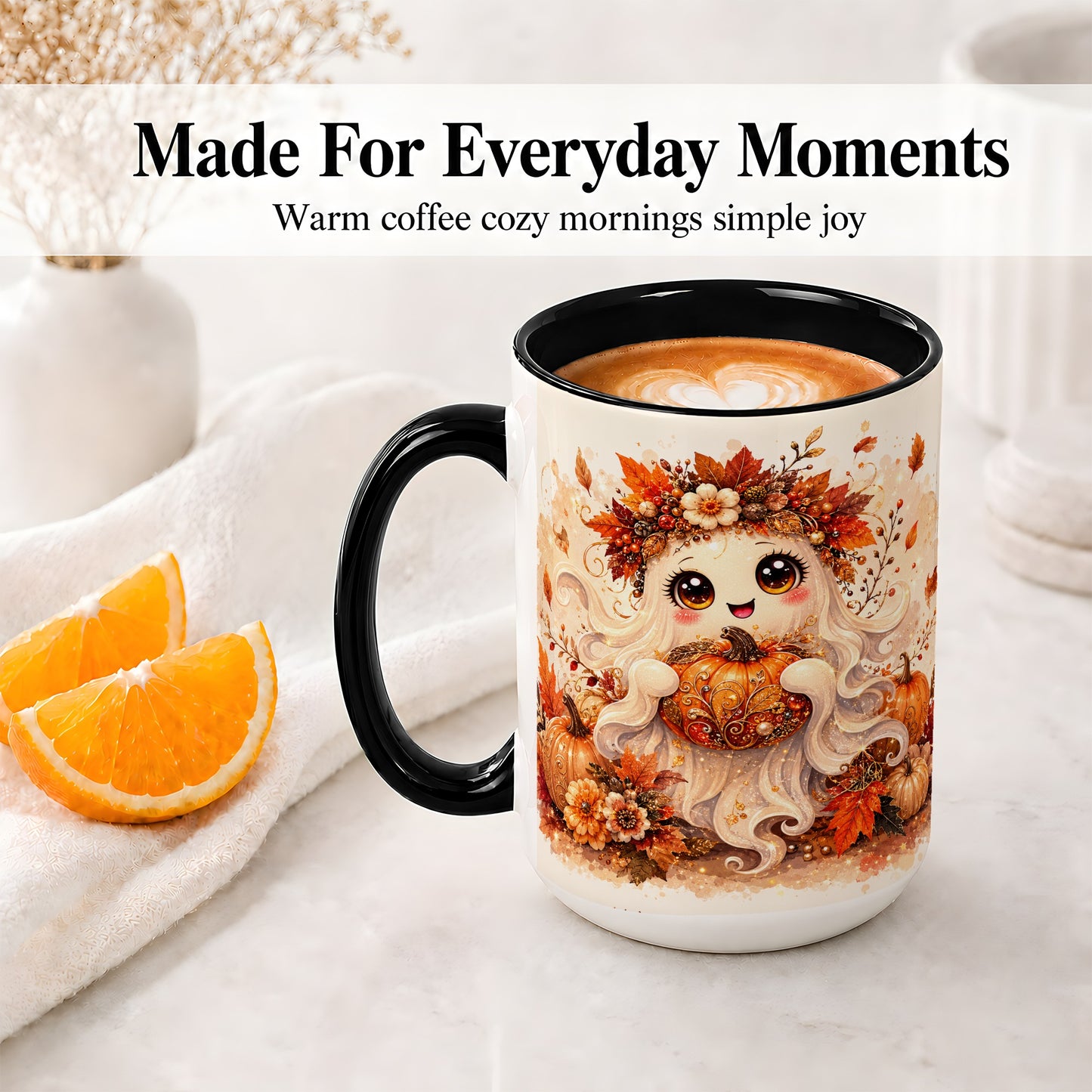 #pl[15oz|Black] Cute Autumn Ghost Accent Mug, Mug with Ornate Pumpkin Artwork