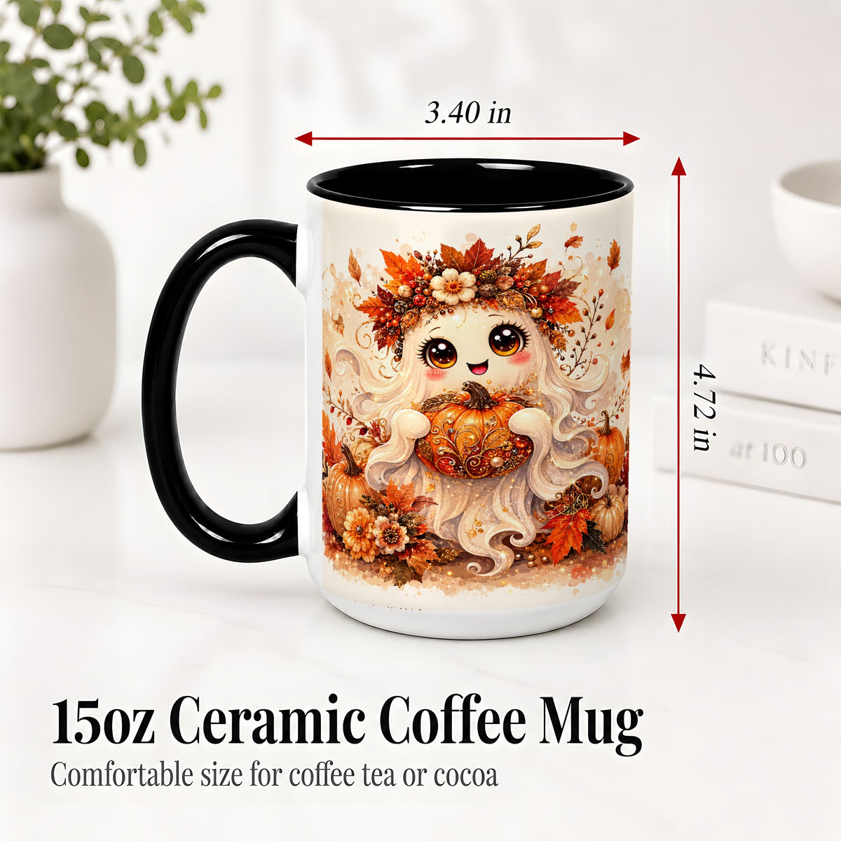 #pl[15oz|Black] Cute Autumn Ghost Accent Mug, Mug with Ornate Pumpkin Artwork