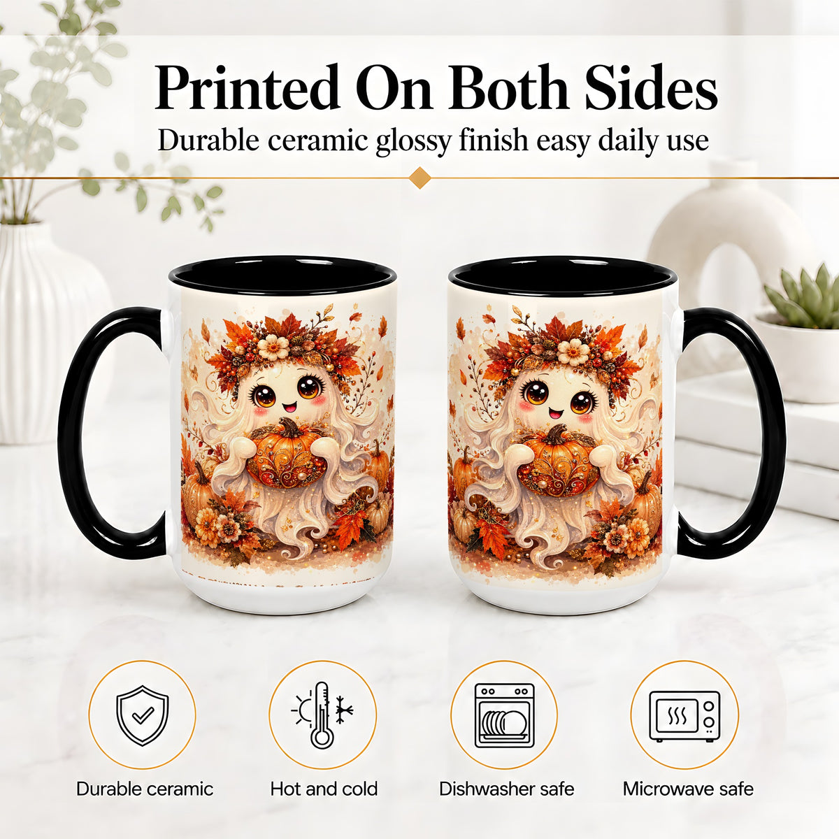 #pl[15oz|Black] Cute Autumn Ghost Accent Mug, Mug with Ornate Pumpkin Artwork