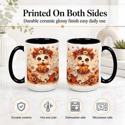 #pl[15oz|Black] Cute Autumn Ghost Accent Mug, Mug with Ornate Pumpkin Artwork