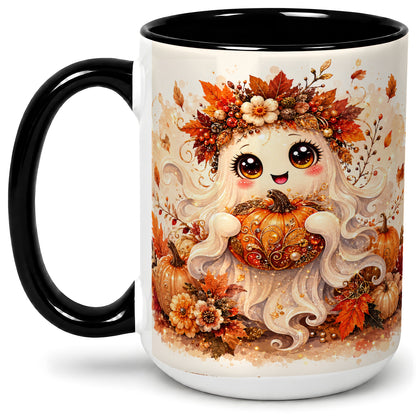 #pl[15oz|Black] Cute Autumn Ghost Accent Mug, Mug with Ornate Pumpkin Artwork