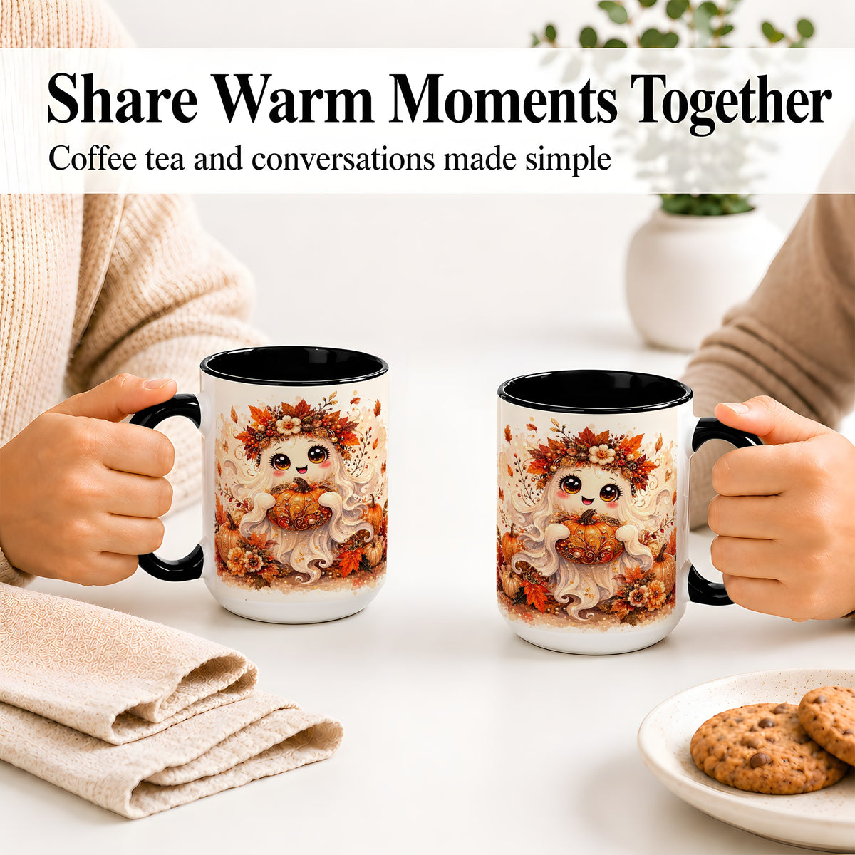 #pl[15oz|Black] Cute Autumn Ghost Accent Mug, Mug with Ornate Pumpkin Artwork