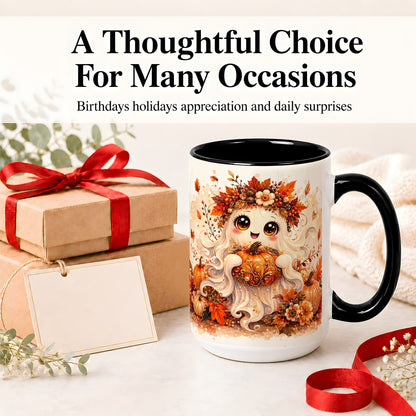 #pl[15oz|Black] Cute Autumn Ghost Accent Mug, Mug with Ornate Pumpkin Artwork