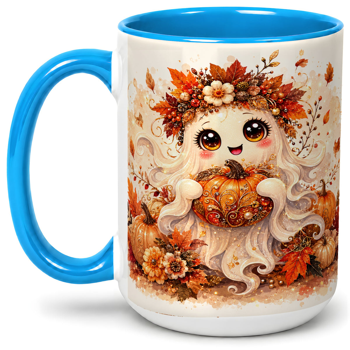 #pl[15oz|Blue] Cute Autumn Ghost Accent Mug, Mug with Ornate Pumpkin Artwork