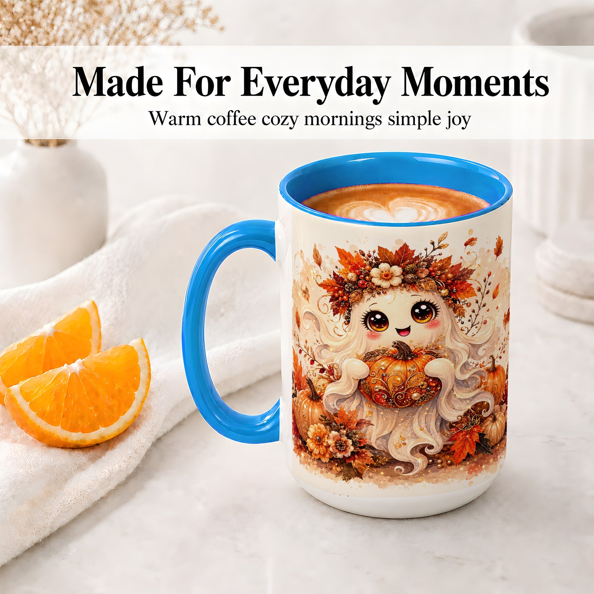 #pl[15oz|Blue] Cute Autumn Ghost Accent Mug, Mug with Ornate Pumpkin Artwork