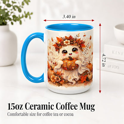 #pl[15oz|Blue] Cute Autumn Ghost Accent Mug, Mug with Ornate Pumpkin Artwork